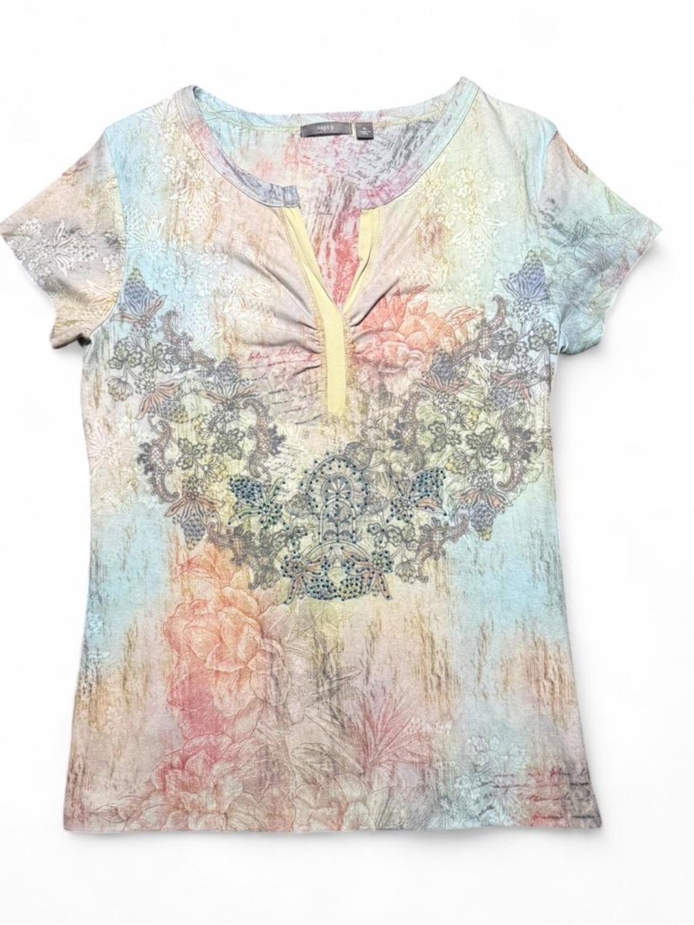 Apt 9 Floral Embellished Boho Top XL Soft Pastel Tee